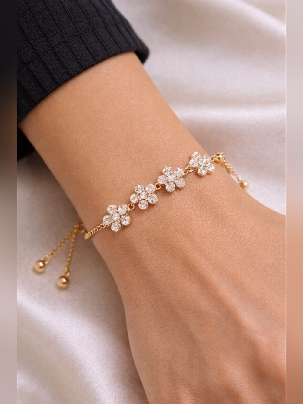 Gold Floral Rhinestone Charm Bracelet Adjustable Dainty Flower Chain